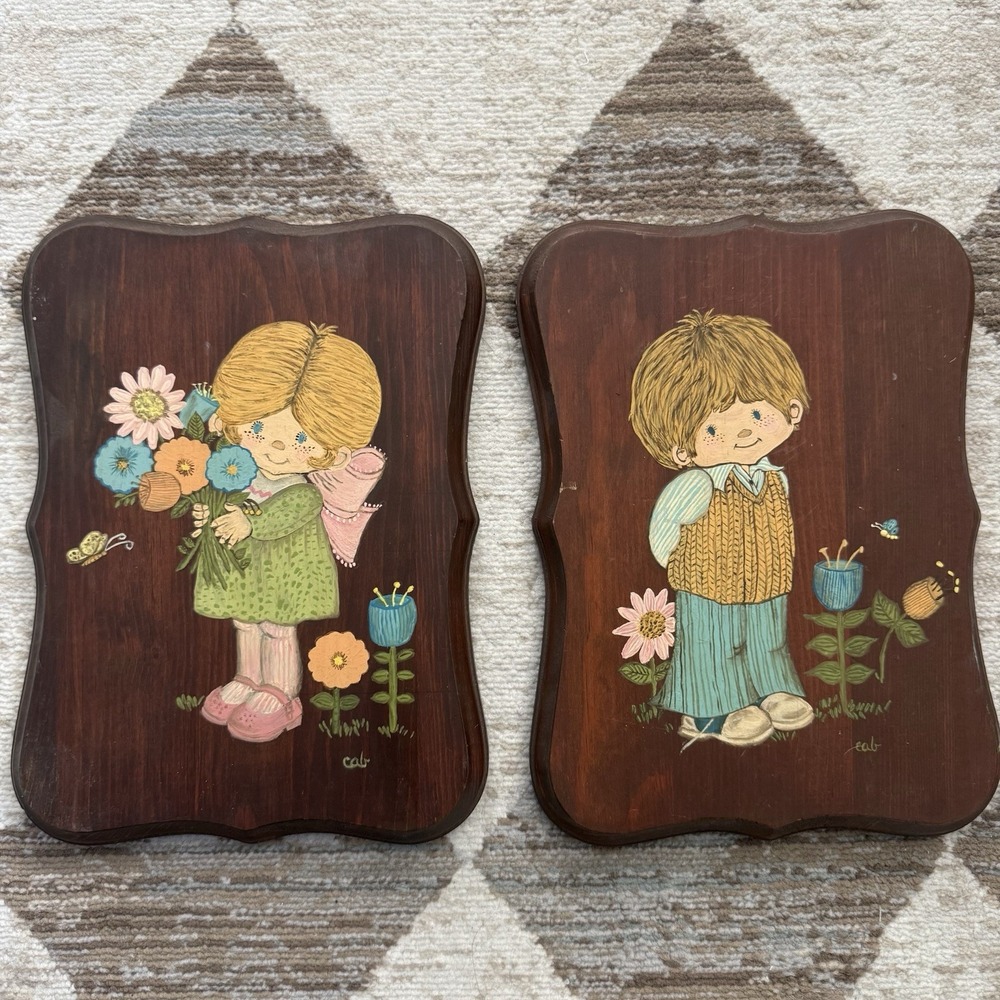 Two Vintage Wooden Wall Art Plaques, Hand Painted, 1970, Boy & Girl Floral, Set